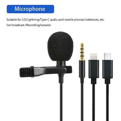 1 包迷你便携式夹式麦克风，Type-C/3.5mm/Lightning 接口，直播、智能手机、电脑录音、降噪，兼容 Android 手机，适合暑假、音频/视频录制、采访、游戏和直播迷你麦克风