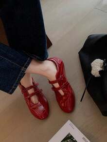 Giày Mary Jane đế bệt mũi tròn cổ điển màu đỏ mùa xuân 2025, giày da đế bằng, mùa thu, mùa thu, giày da thường ngày cho nữ - Đỏ - Xem 3