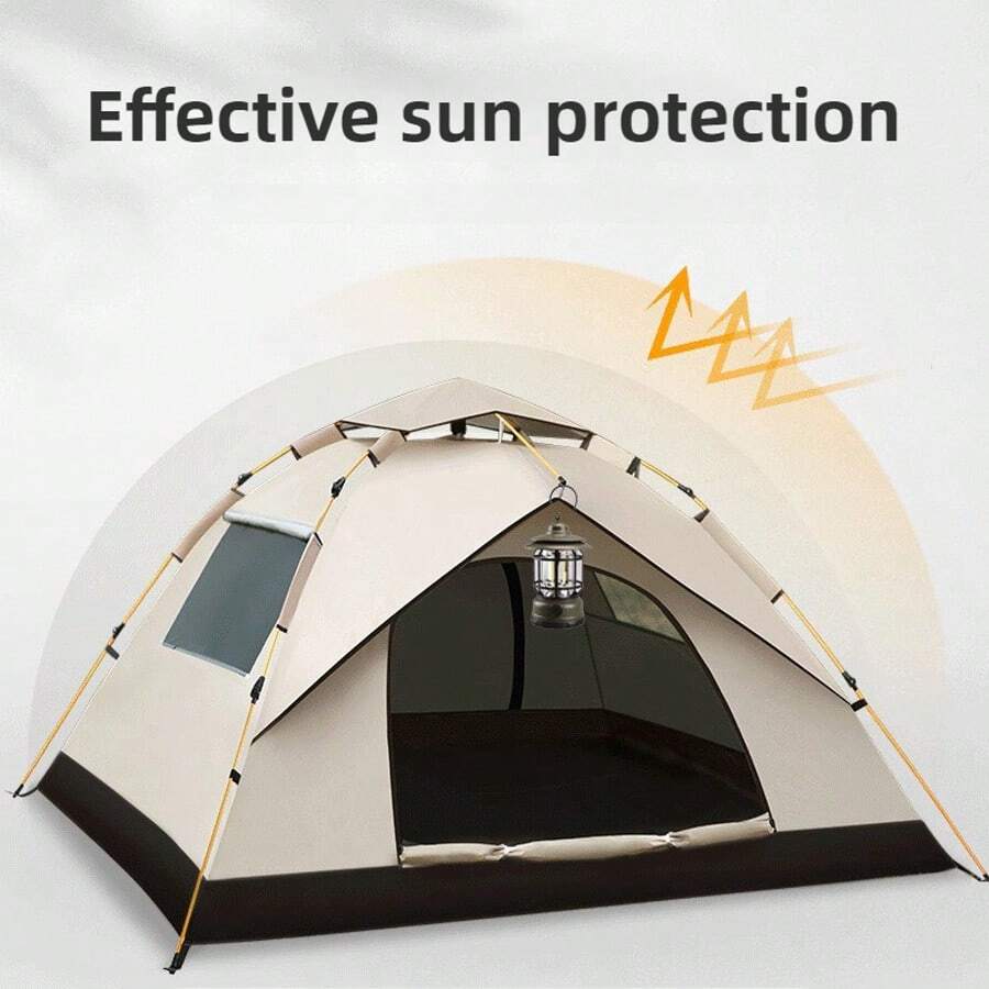 3-4 Person Automatic Pop-Up Tent With Fiberglass Pole, Square Oxford Cloth Camping Shed, Quick-Set 3 Second Design, All-Season Waterproof Zip Open And Close For Camping, Travel And Beach - 淺棕色-兩門兩窗-小號 - 查看 1