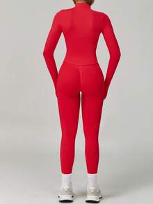 Yefecy Women's Street Style Fitness Set, Zip-Up Jacket Paired With Butt-Lifting Leggings, Fashionable Pieces Suitable For Gym To Street - Red - View 3