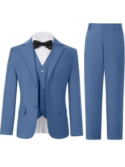 5pcs Boys Tuxedo Suit, Toddler Tailcoat Formal Outfit, Flower Boy Wedding Suit Jacket Vest Pants Shirt Tie, Suitable For Children Birthday Wedding Graduation Ceremony Wedding Guest, Blue Gray Size 6-16 Years