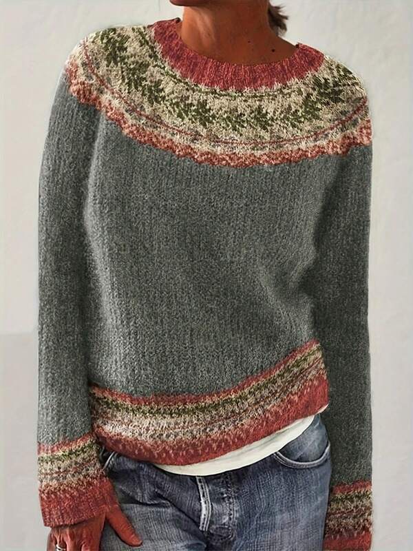 Suéter de cuello redondo de manga larga retro para mujer de talla grande para otoño e invierno, a juego de colores, suelto y de moda, adecuado para uso diario y ocasiones festivas navideñas.