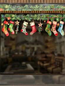 Autocollant de fenêtre de chaussettes de Noël, boules de Noël, étoiles, branches de pin, décorations de fête adhésives en PVC avec surface brillante, convient pour le salon, l'entrée, la chambre à coucher, autocollant mural de fête amovible, 1 pièce