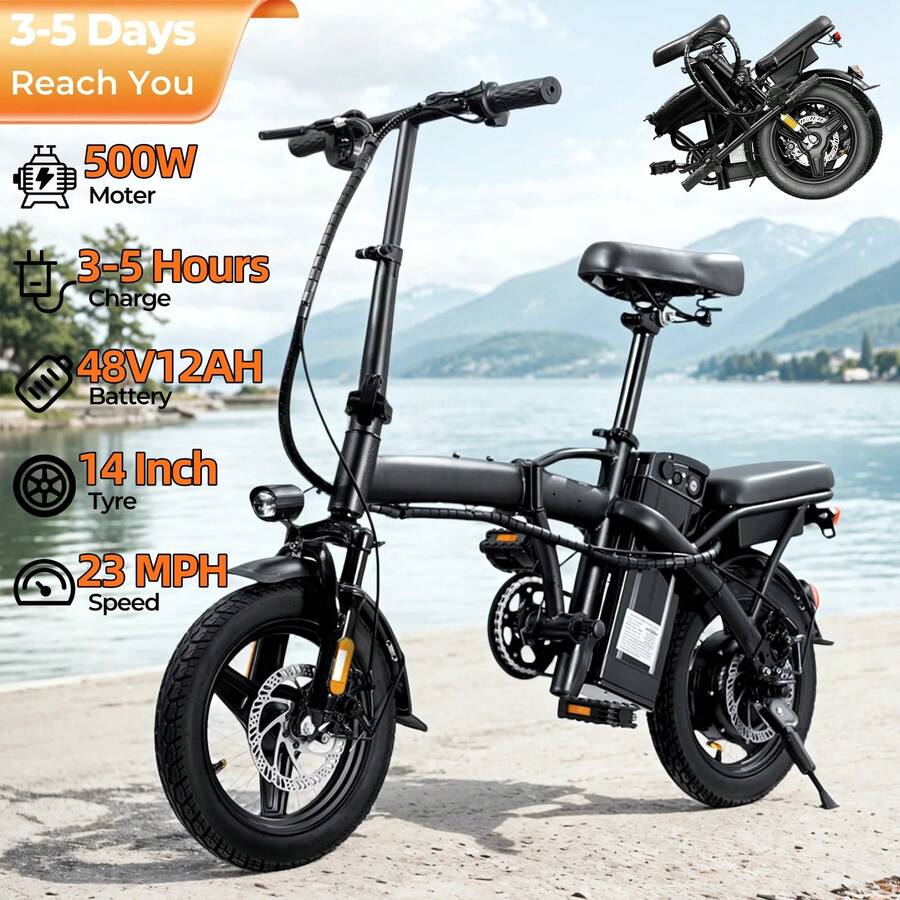 Electric Bike For Adults And Teens,500W Brushless Motor 23MPH Folding Ebike With 48V12Ah Removable Battery, 35Miles Range & PAS Mode With 14" Foldable Electric Bicycles, Commuting-Certified E Bike - 查看 1