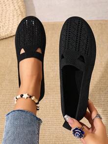 Women's Knitted Hollow-Out Breathable Yet Distinctive Slip-On Casual Flat Shoes, Relaxed, Comfortable And Stylish For Daily Wear