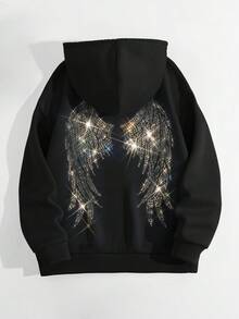 LOVE JOYY High Street Fashion Women Loose Long Sleeve Pullover Hoodie, Angel Wings Rhinestone Decor, Pocket, Bling Bling Street Style Sweatshirt For Autumn/Winter - Black - View 6