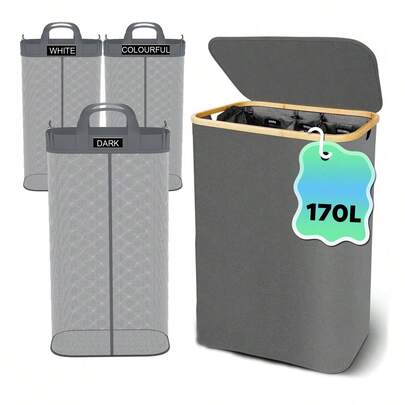 170L XXL Faltbarer Wäschekorb – 3 Fächer mit Deckel, herausnehmbaren Wäschesäcken & wasserdicht, Wäschesortierer für Haushalt (Grau)