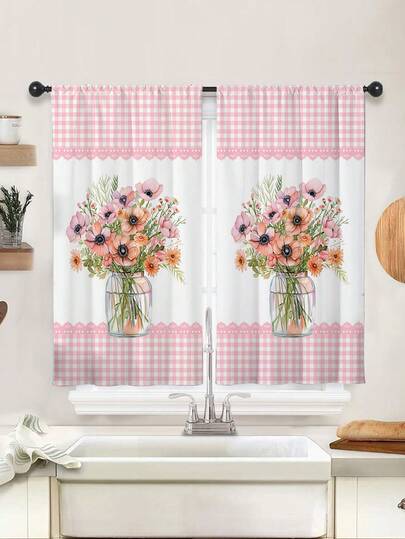 2 件粉色花朵印花厨房窗帘 - 农舍水彩花卉花瓶格子设计，无孔窗帘，适用于卧室办公室厨房客厅书房家居装饰