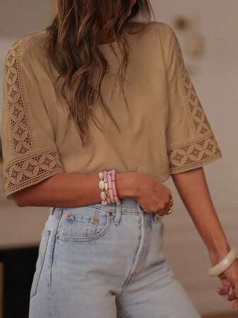 女士优雅纯色梭织面料镂空T恤，带蕾丝花边，适合花园和休闲穿着，春夏季