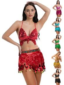 Conjunto de atuendo de actuación con lentejuelas y flecos, sujetador colorido + cadena para la cintura, disfraz de escenario de discoteca, disfraz de danza del vientre - Multicolor - Ver 2