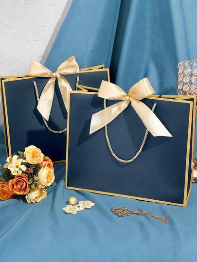 5-Piece Navy Blue Gift Bag Christmas Wedding Birthday Party Packaging Box Bow Handbag Housewarming Companion Gift Ins Style Net Red Return Gift Bag