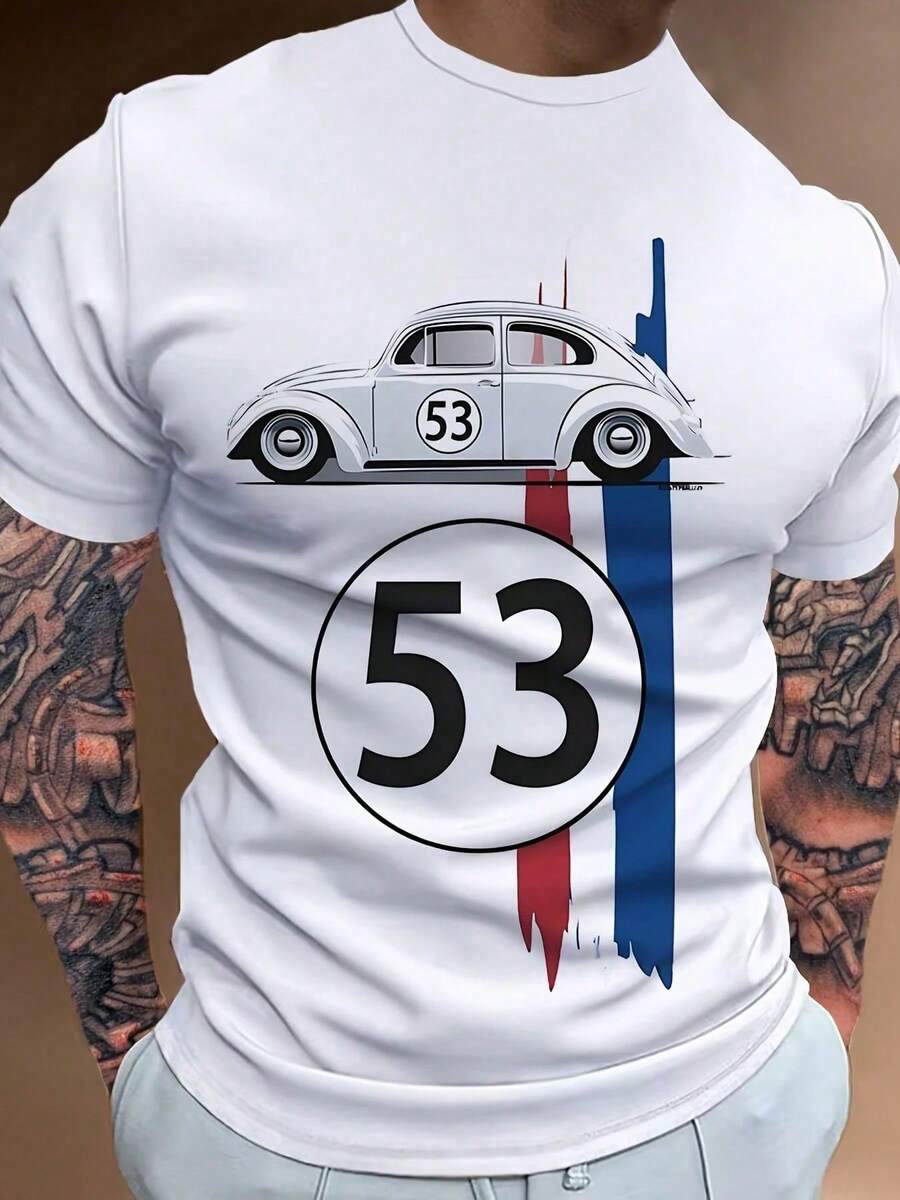 1pc Camiseta Gráfica de Coche de Carreras Vintage, Camiseta Casual de Cuello Redondo para Hombres, Tejido de Poliéster de Punto con Liger Estiramiento, Talla Regular Manga Corta para Ropa de Verano - Blanco - Ver 1