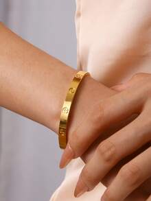 TONSI 1pc Stainless Steel 18K Gold Plated Cuff Bracelet, Delicate Cubic Zirconia Inlaid, Jewelry Gift Box, Best Birthday/Holiday Gift For Women - Steel Bracelet Gift Box - View 7