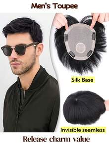 Pieza de cabello postizo para hombres de 16x18CM con clips, extensiones de cabello humano invisibles, pelucas para hombres de cabello corto, reemplazo de cabello natural hecho a mano para pérdida de cabello y cabello ralo, disfraz de Navidad, peluca de fiesta de Año Nuevo, estilo festivo - Natural Black - Ver 2
