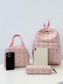 Bộ 3 balo nơ, kiểu dáng nữ tính; balo học sinh kiểu Hàn Quốc bằng vải nhung kẻ; balo - Hồng - Xem 2