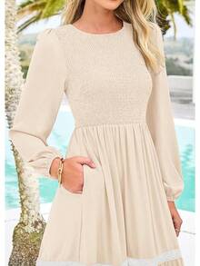 KIRUNDO Smocked Boho Tiered Lace Trim Flowy Maxi Dress Long Dresseshalloween - Màu be - Xem 2