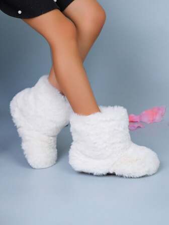 1 Pair Kids Winter Furry Fluffy Fuzzy Comfy Plush Boots, Toddler Short Ankle Boots, Warm And Fashion Slip-On Round Toe Flat Snow Booties, Suitable For 2-15 Years Old Boys And Girls, Outdoor & Indoor Wear For Winter, Parties And Holiday Gifts