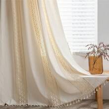 Boho Curtain Crochet Dots Patchwork Semi-Blackout Bohemian Handmade Tassels, Rod Pocket Window Treatment Vintage Rustic Farmhouse Drapes For Living Bedroom, 1 Panel 59" W X 96" L, Beige - 米色圓點拼布59Wx96L一包 - 查看 1