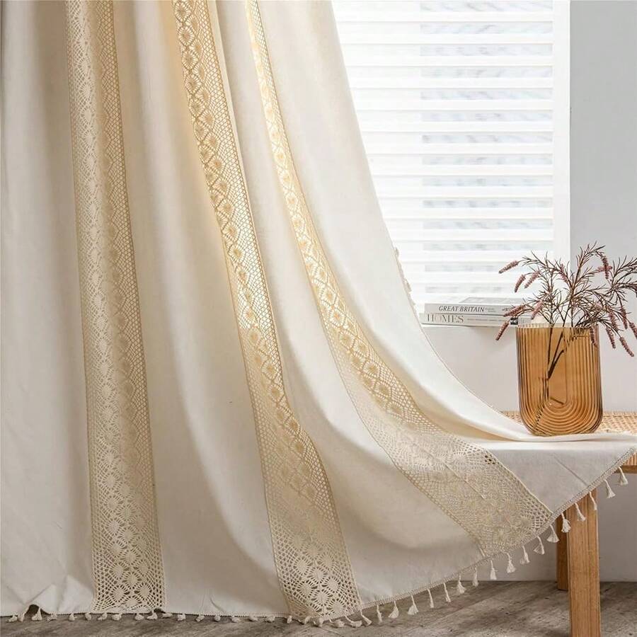 Boho Curtain Crochet Dots Patchwork Semi-Blackout Bohemian Handmade Tassels, Rod Pocket Window Treatment Vintage Rustic Farmhouse Drapes For Living Bedroom, 1 Panel 59" W X 96" L, Beige - 米色圓點拼布59Wx96L一包 - 查看 1