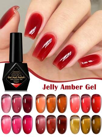 FOUR LILY 10ml Glass Jelly Gel Polish Amber Gel Nail Polish Long Lasting Nail Polish Gel Red Transparent Soak Off UV Led Gel For DIY Nail Design