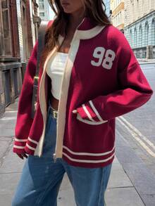 GLOpass Women's Autumn/Winter Striped Contrast Color Double-Zipper Cardigan Sweater, Youthful Knitted Baseball Jacket, Long Sleeve Casual Loose Fit College Style Top With Pockets