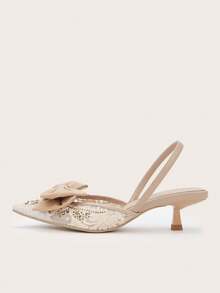 Women's Rhinestone Bow Decor Kitten Heel, Pointed Toe Hollow Slip-On Sandals, Fashionable & Elegant Party & Formal Low Heel Shoes (Random Cut) - Apricot - View 5