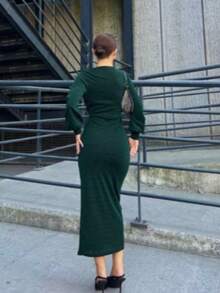 Flowers Stretch Fabric Double-Breasted Midi Evening Dress - Green - View 3