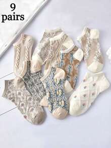 1/9 Pairs Assorted Women Retro Floral Patterned Elegant Mid-Calf Socks, Versatile For Daily Wear And Gatherings - Multicolor - View 9