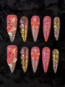 10-Piece Handcrafted Tangerine-Red Long Stiletto Press-On Nails Set Featuring 3D Dimensional Flowers With Glitter Gradient Effect, 3D Water Wave Decorations, Gold Glitter Leopard Print Patterns, And Rhinestone Embellishments. With A Tropical Vibe, It Is Perfect For Daily Wear And Vacations.