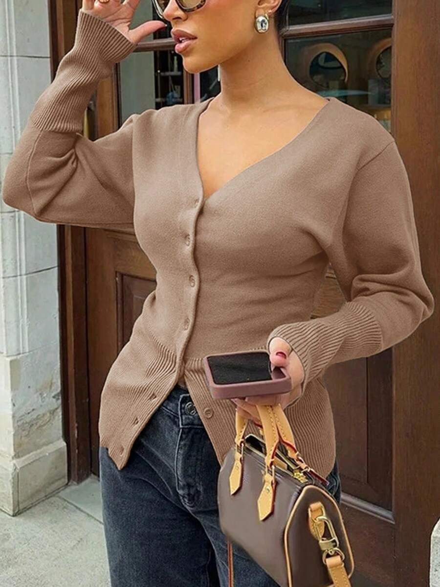 For Love & Bella Women's Sexy & Elegant Deep V-Neck Solid Brown Knit Cardigan, Fitted Minimalist Button Front Knit Sweater, Autumn/Winter - Khaki - View 1