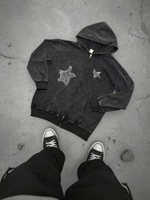 Y2k Stars Street Hoodie Hiphop New Retro Hoodie Men's Oversized Autumn Hoodieletter Coat Halloween Spring/Fall Regular Fit  Pocket Zipper - Black - View 2