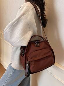 简约时尚轻便休闲包，百搭优雅，女士斜挎包，日常纯色大容量，时尚单肩手提包，通勤包，适合工作通勤和户外购物 - 咖啡棕 - 查看 4