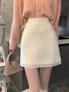 Tweed Small Fragrance High Waist Slimming Lace Patchwork Hip Short Skirt Autumn And Winter - White - View 3
