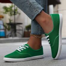 Zapatos planos de lona de unicolor para mujer, zapatos con punta redonda con cordones, transpirables y antideslizantes, zapatos planos clásicos de lona para mujer, zapatos casuales de cordones de unicolor y parte superior baja, calzado cómodo para mujer