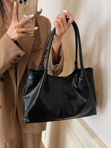 New Soft Leather Large Capacity Tote Bag For Classroom Commuting Handheld, Unique Design Single Shoulder Underarm Bag - Black - View 6