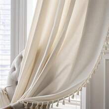 Sutuo Home Boho Curtain With Handmade Tassels, Rod Pocket Window Treatment Vintage Rustic Bohemian French Farmhouse Semi-Blackout Solid Drape For Bedroom, 1 Panel 59" W X 84" L,Cream White - 奶油白色59寬x84公升1包 - 查看 5