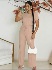 Women's Set Of Wide Leg Pants And Comfortable Sweatshirt Top Summer - Beige - View 3