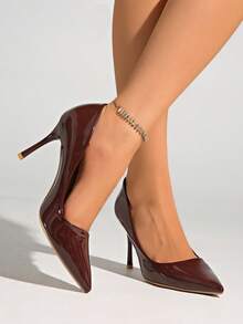 女士高端咖啡色亮面皮革8.5厘米细跟尖头浅口性感夜店时尚婚礼通勤日常高跟鞋，优雅 - 咖啡棕 - 查看 8
