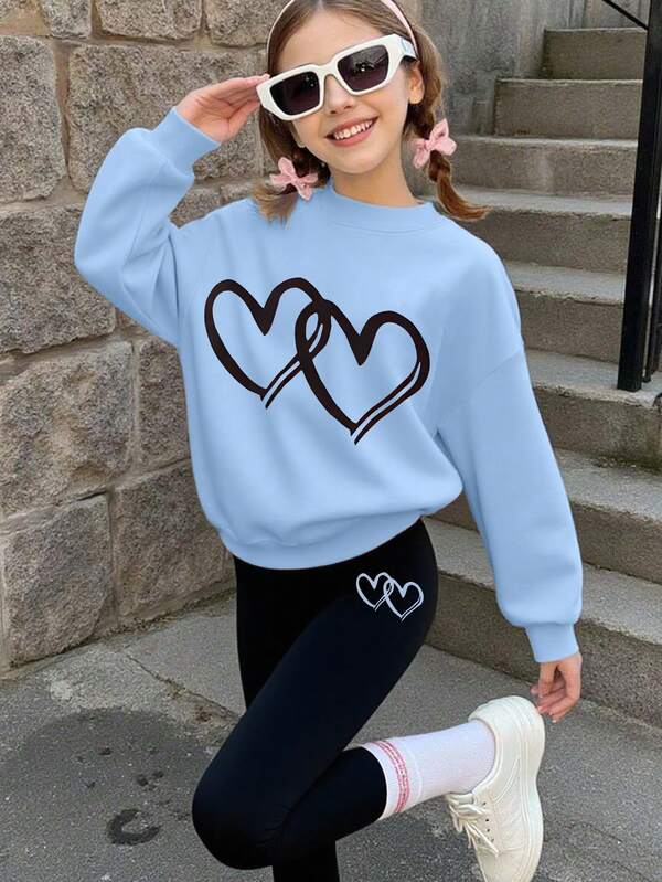 2pcs Girl Cute And Sweet Style Double - Heart Print Sweatshirt And Leggings Set, Soft And Comfortable, Spring Autumn Daily School Wear