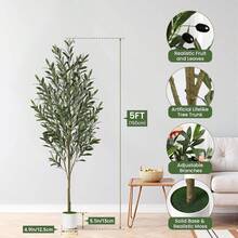 ALUPSSUC Artificial Olive Tree - 5-7FT(60n-84in) Tall Faux Silk Plant With Natural Wood Trunk & Lifelike Fruits - Perfect For Modern Home, Office, Living Room Floor Decor, With White Basin - 橄欖綠 - 查看 2
