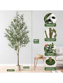 ALUPSSUC Artificial Olive Tree - 5-7FT(60n-84in) Tall Faux Silk Plant With Natural Wood Trunk & Lifelike Fruits - Perfect For Modern Home, Office, Living Room Floor Decor, With White Basin - 橄欖綠 - 查看 9