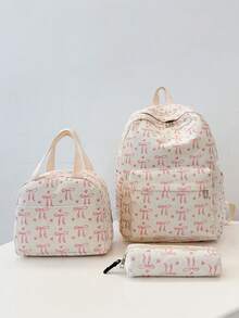 3pcs Bow Backpack Set, Girly Style; Korean School Style Corduroy Backpack; Backpack - Beige - View 12