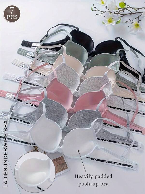 7Pack Lightly Padded Letter Print Push Up Bra, Women's Underwire Bra