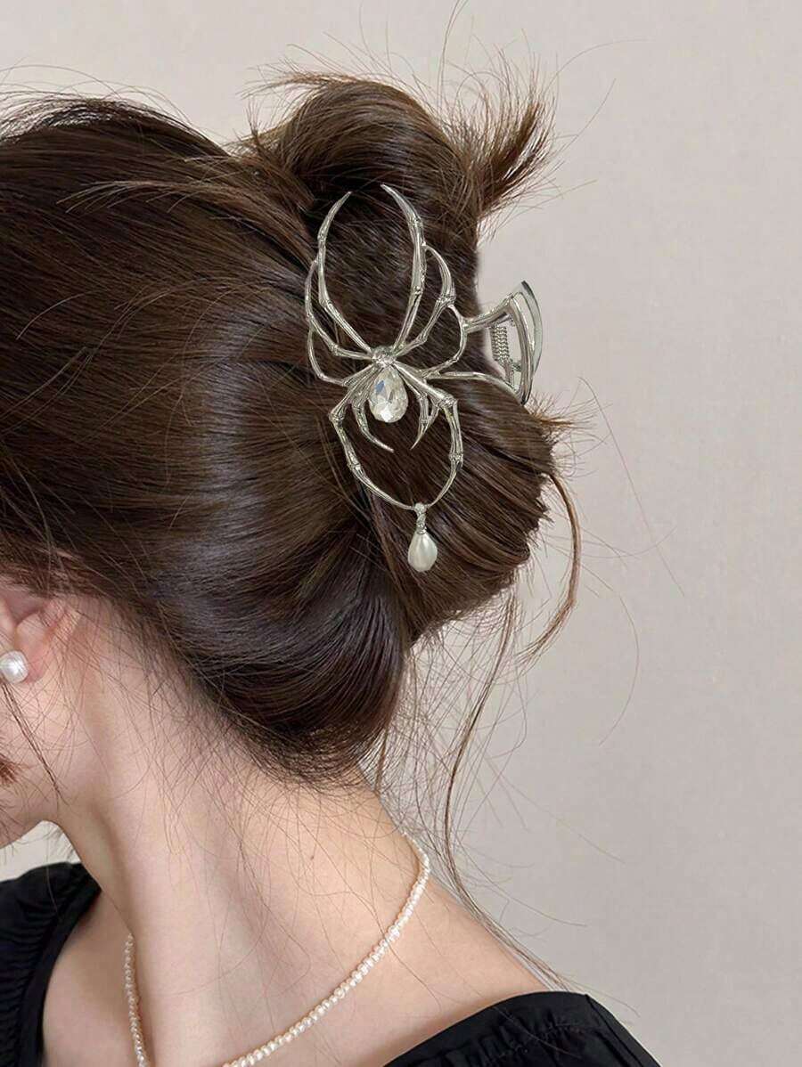 1pc Women's Solid Color Y2K Sweet Cool Style Personalized Skull Spider Claw Rhinestone Faux Pearl Alloy Metal Large Hair Clip, Suitable For Festival And Daily Use Hair Clips Hair Jaw Clip Hair Clamps Hair Clutch Hair Catcher Clip, Halloween Accessories, School Stuff, College, Pearl Hair Accessories Fall Winter Claw Clip For Vacation Outfits Woman - 3件套黑色 - 查看 1