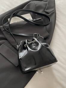 Mini Solid Color Rhinestone Fashion Evening Bag, Glittering Sequin Drawstring Bucket Bag With Metal Chain, Suitable For Party & Outdoor, Women - Black - View 6