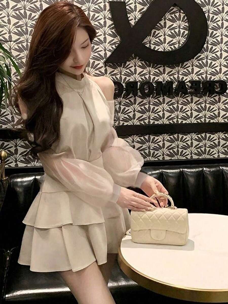 2 件套女士纯色无袖层叠荷叶边下摆宽松休闲露背上衣和裙子，春夏 - 杏色 - 查看 1