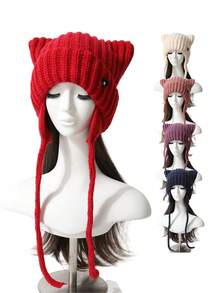 1 pieza Gorro de punto con orejas de gato de unicolor y lindo para mujer, gorro de invierno grueso y cálido para protección de orejas, diseño versátil y de moda, adecuado a nivel mundial