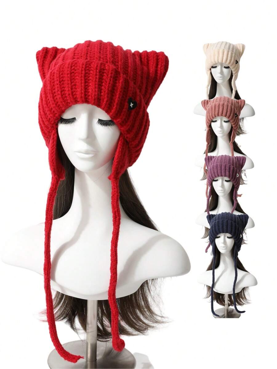 1 pieza Gorro de punto con orejas de gato de unicolor y lindo para mujer, gorro de invierno grueso y cálido para protección de orejas, diseño versátil y de moda, adecuado a nivel mundial