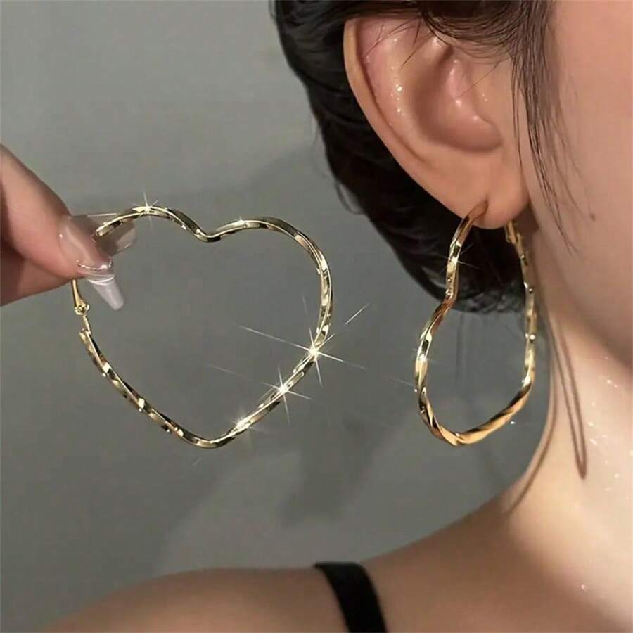 1 Pair Elegant Minimalist Heart Shaped Gold Color Pendant Earrings, Fashionable Statement Jewelry Halloween Valentine's Day Valentines - Vàng - Xem 1