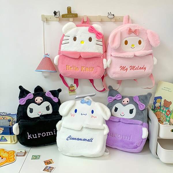Sanrio Sanrio Kulomi, My Melody, Hello Kitty Plush Backpack, Large Capacity School Backpack, Shoulder Bag, Durable Polyester, Cute Cartoon Design, Suitable For Daily Use And Gifting, Zipper Sealed Small Backpack, Suitable For School, Travel, Shopping, Outdoor, Party, Daily Use, Suitable For Women And Teenagers, Back To School Essential, Suitable For Halloween And Christmas